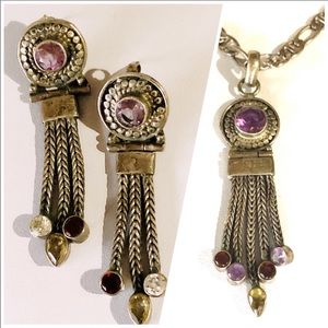 Sterling Silver Amethyst Topaz Garnet Necklace Pendant and Earrings Vintage